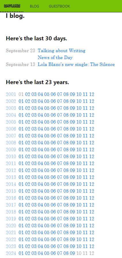 A screenshot of the homepage artlung.com, showing a very compact and symmetric way to layout links to yearly and monthly blog archives